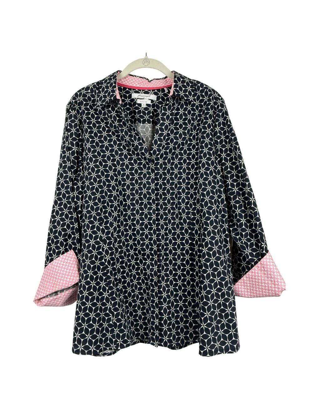 Foxcroft Wrinkle Free Cotton Shirt Womens 14 Fitted Black Geometric Top
